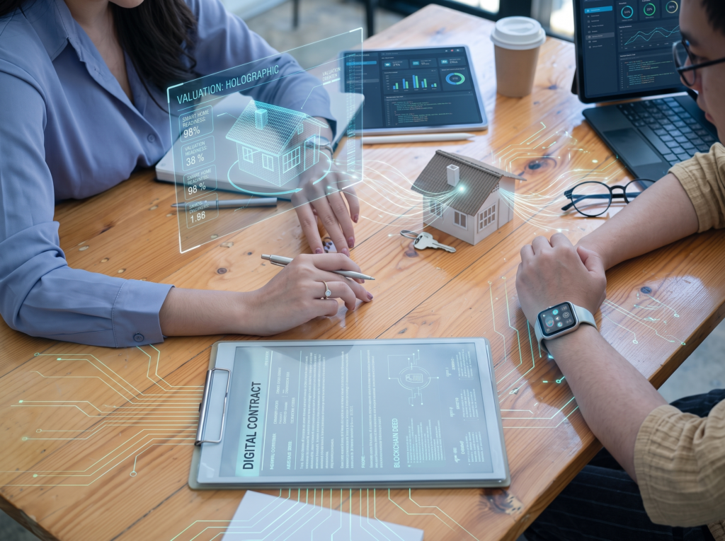 Top-down view of two people at a wooden table. On the left, a woman in a blue shirt uses a transparent tablet with a blue holographic projection of a house and data. On the right, a man in a tan shirt wears an Apple Watch Ultra. In the center, there is a model house with keys and a clipboard displaying a digital contract. Green digital circuit lines connect the elements across the table.