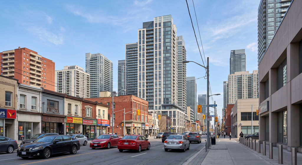 A street-level photo of Yonge Street in Toronto, looking towards a skyline of modern glass condo towers. In the foreground are older brick buildings with various storefront signs. Cars, including a red car and a black sedan, are moving on the road. A sidewalk with street lamps, power lines, and a few pedestrians is visible under a partly cloudy blue sky.