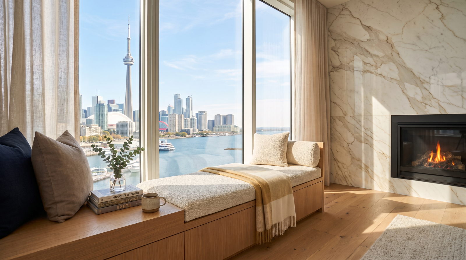 Cozy luxury waterfront apartment interior featuring a plush built-in window daybed, an illuminated modern fireplace set in polished marble, and floor-to-ceiling windows with a bright daytime view of the Toronto CN Tower, harbor, and skyline.
