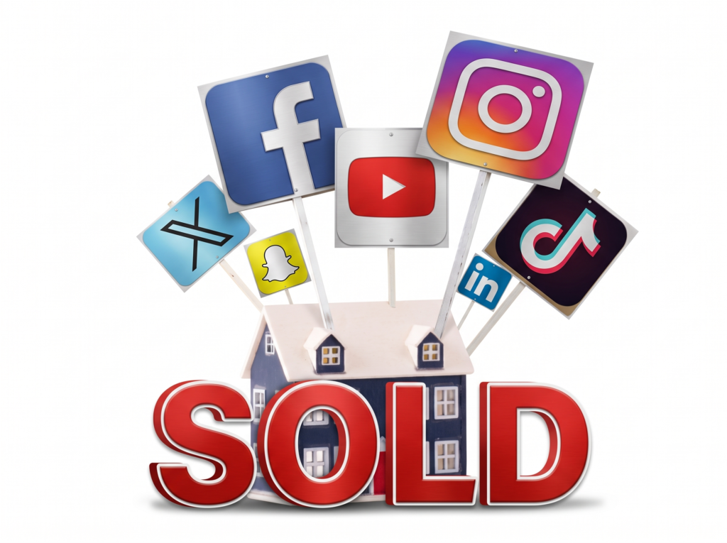 A 3D illustration of a miniature dark blue house model with white trim. The large, red, 3D text "SOLD" is in the foreground. Multiple social media platform icons on posts extend from the house's roof, including Facebook, Instagram, YouTube, TikTok, Snapchat, LinkedIn, and X. Isolated on a white background.